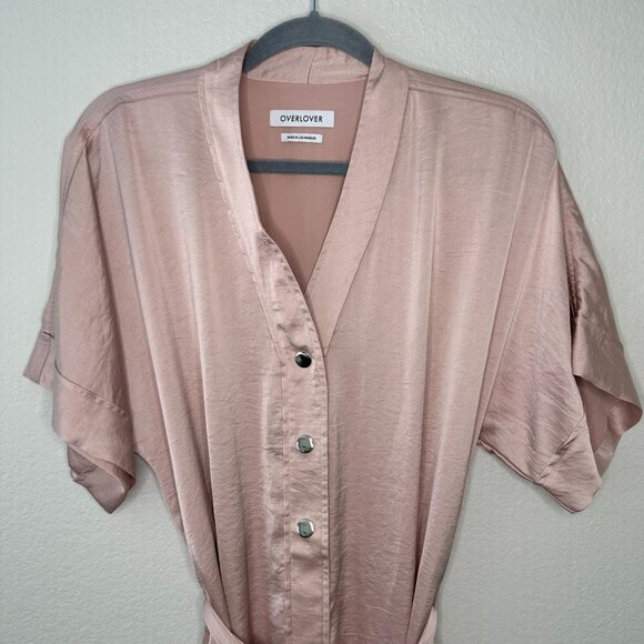 Revolve Overlover Blush Pink Satin Jumpsuit Wide Leg V Neck Button Front S - Picture 2 of 7